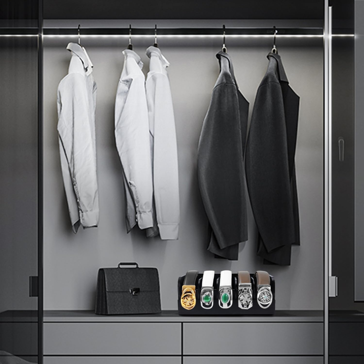 GTI Belt Organizer, 5 Compartments Belt Organizer for Closet and Drawer, Bamboo Display Case for Tie and Belt, Belt Storage Organizer for Men Women (Black)