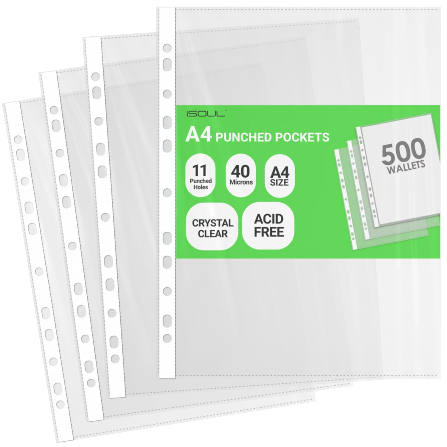 iSOUL A4 Plastic Value Punched Punch Pockets, 11 Hole Heavy Duty File Binder Pockets, 40 Micron Punched Pockets for Documents Folders Filling Plastic Wallets 500 Sleeves
