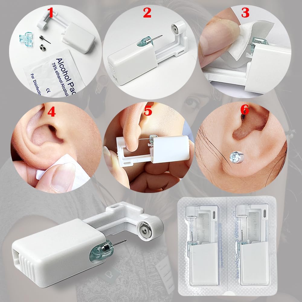 RAJry 4 Pcs No Pain Self Ear Piercing Disposable Stud Gun Kit (Silver) Pack of 4