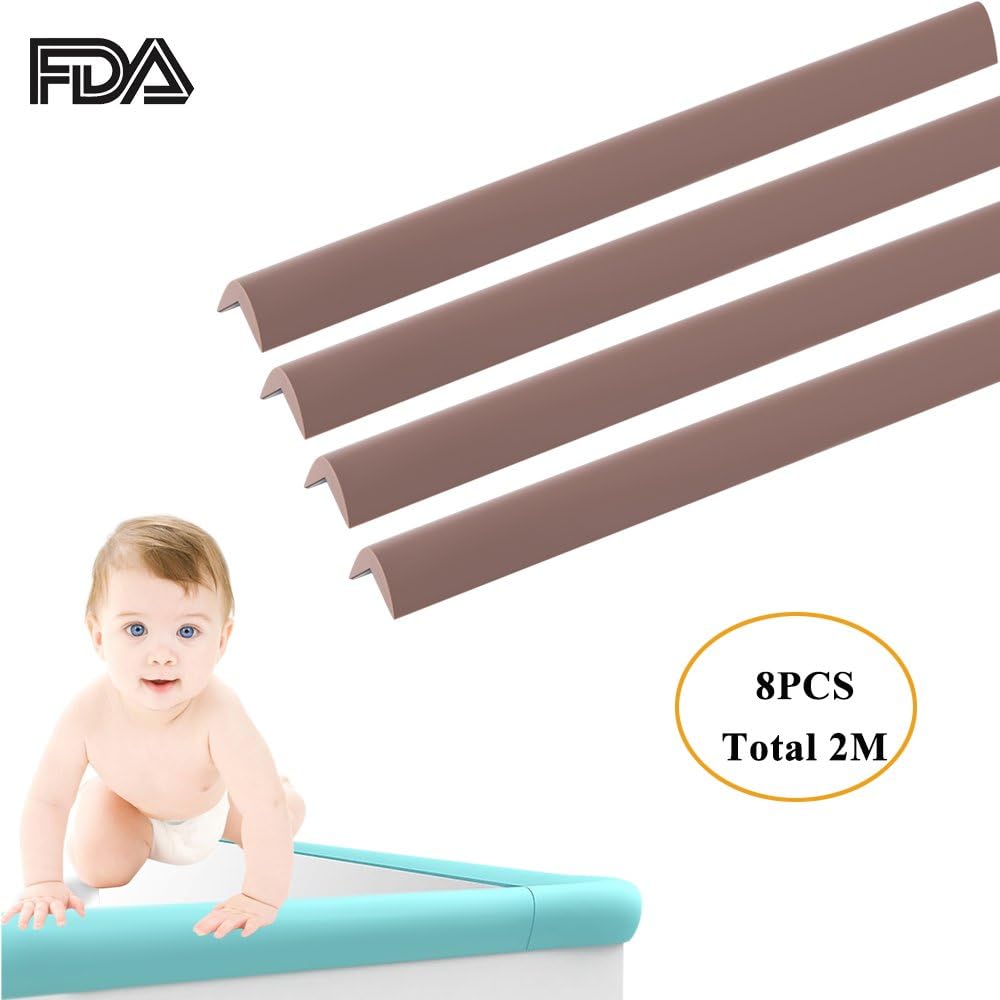 Table Edge Protectors for Baby Kids Child Proof Edge Guards Bumpers Non-Toxic Food Grade Safety Silicone Strips for Desk Furniture with Adhesive Sticker 8pcs= 2M in toal (Brown)