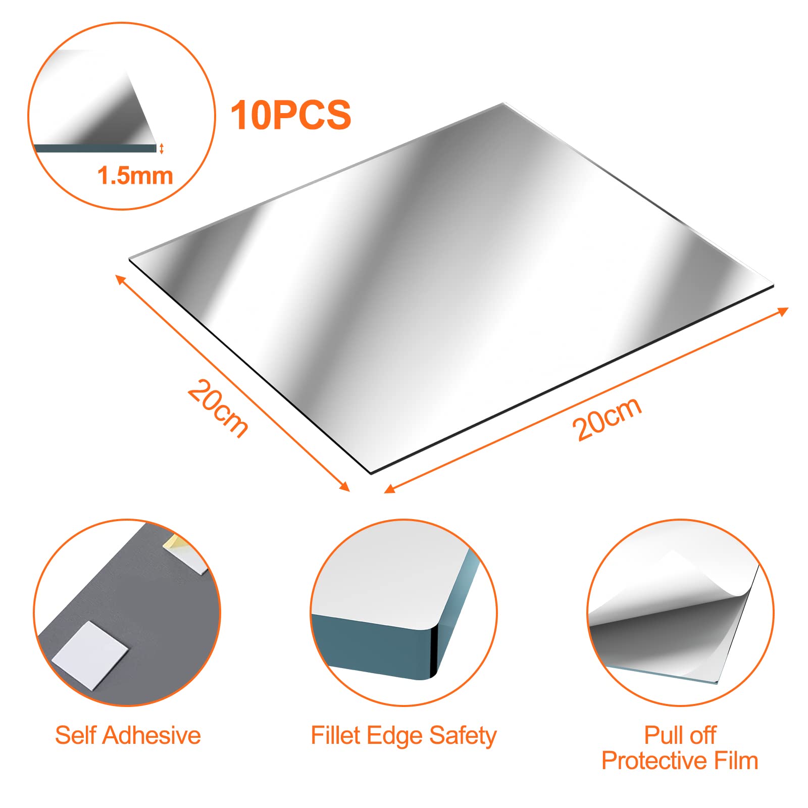 Newpop 10 Pezzi Specchio da Parete Senza Cornice 20 X 20 cm, Flessibile Specchi Adesivi da Parete in Acrilico, Autoadesivo Non Vetro Specchio per Decorazioni Fai da Te, Armadio, Muro, Casa, Bagno