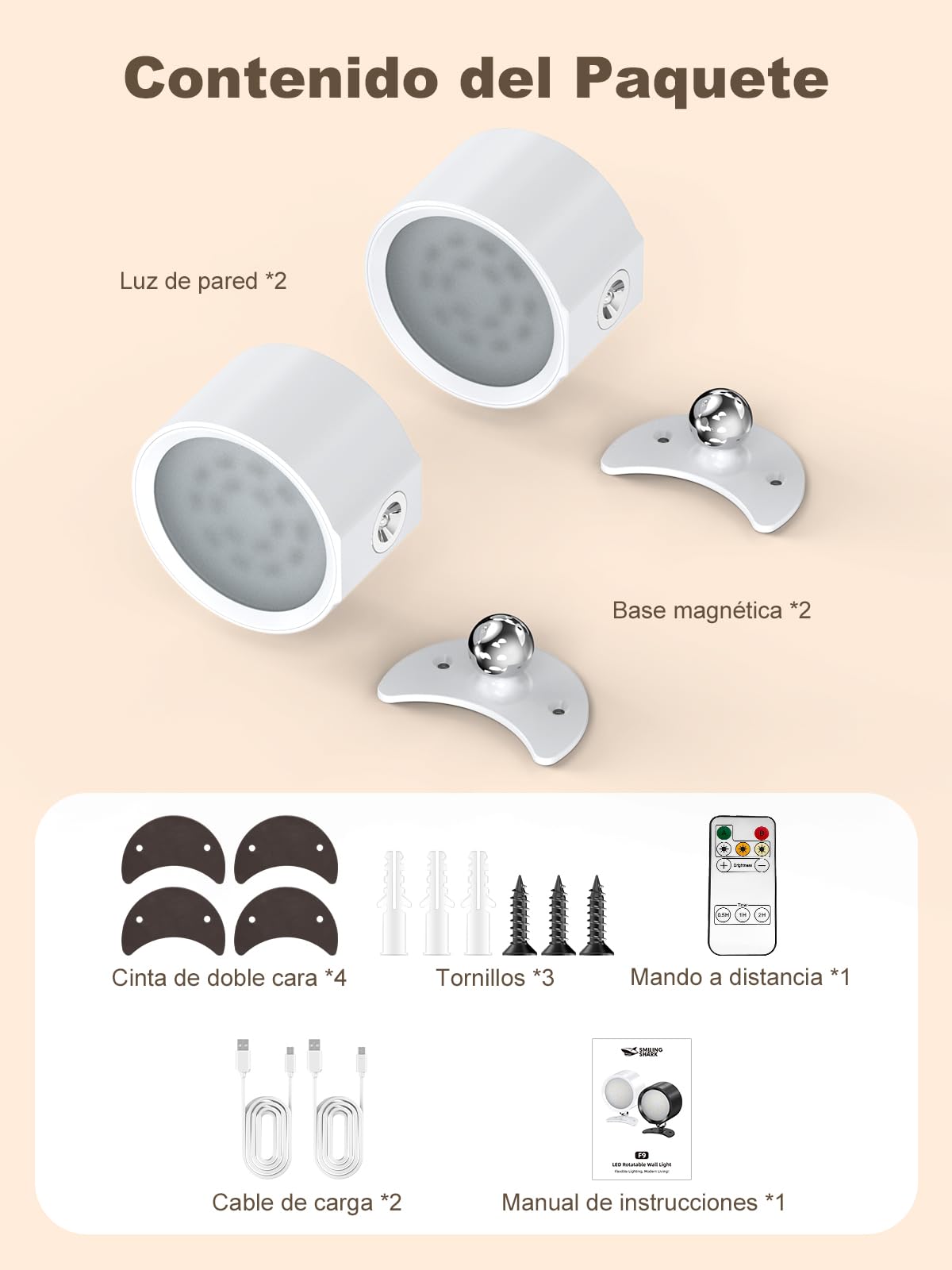 Smiling Shark Apliques Pared Interior sin Cable 2 Piezas, Apliques Pared Recargable Tactil con Mando 360° Regulable Magnetica Lamparas de Pared sin Cable para Dormitorio Salon Habitacion, Blanco