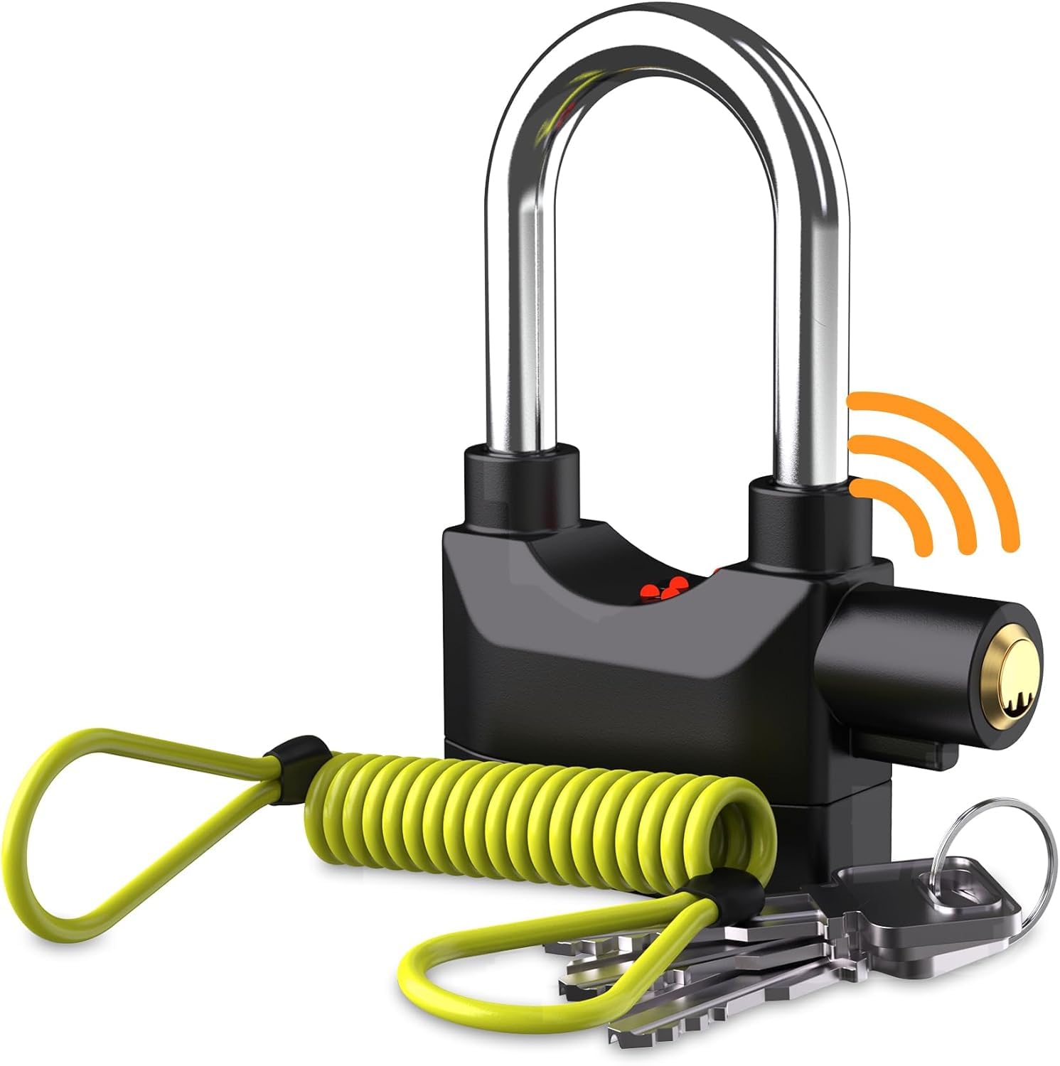 Candado Moto con Alarma - Candado Moto y Alarma de 110 db con Cable Recordatorio Elástico de 1,5 metros - Antirrobo Motos, Bicicletas o Patinetes - Fácil de Usar, Ligero- Pilas Botón Inlcuidas (1)