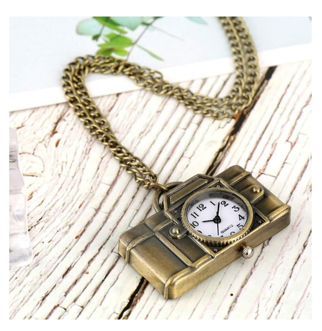 Reloj de Bolsillo Unisex Reloj De Bolsillo Cuarzo con Forma Cámara Única, Collar Colgante Moda Bronce Vintage, Relojes Clásico Fiestas