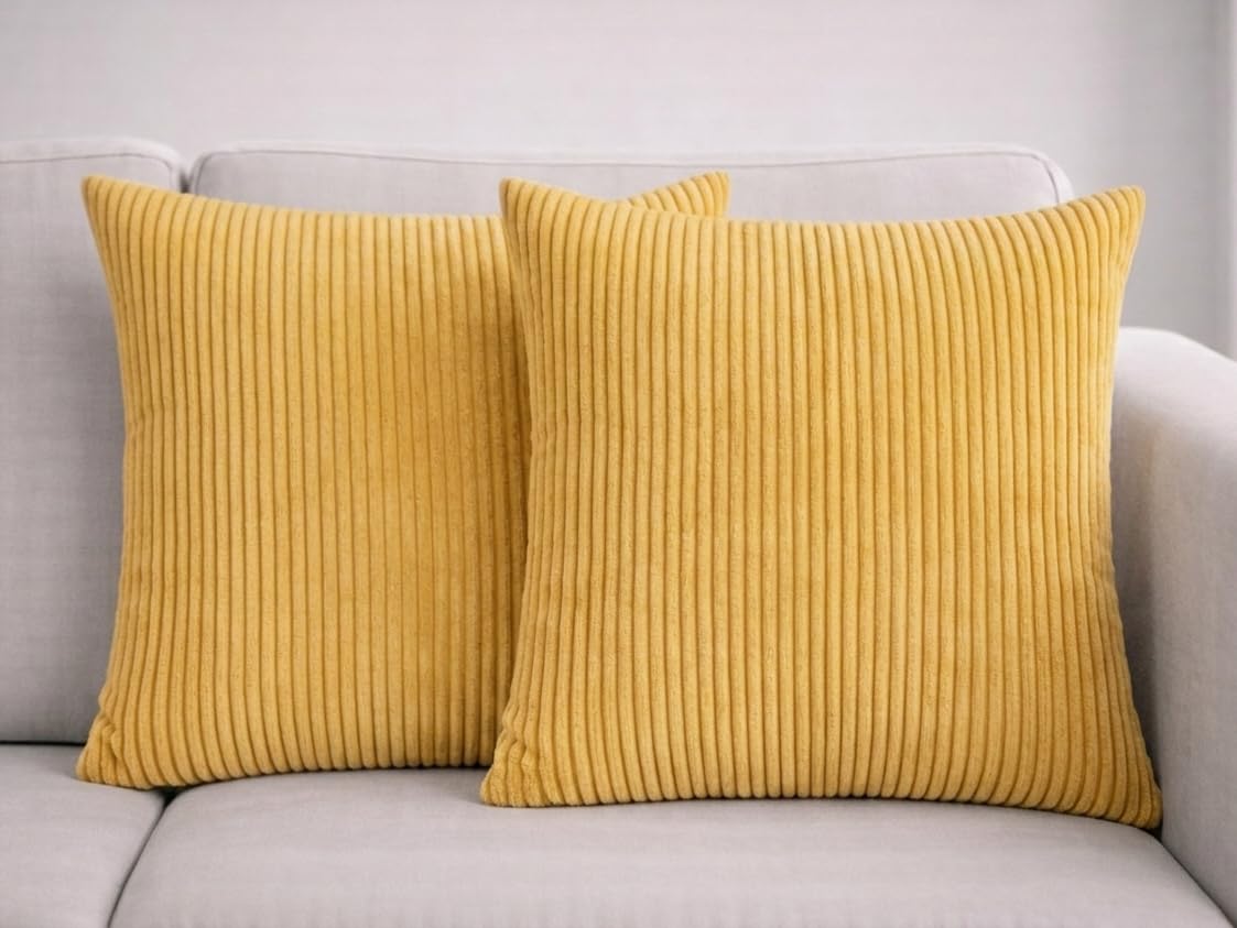 Seechoo Ochre Corduroy Cushion Covers, Set Of 2, 45 X 45 Cm, Striped, With Invisible Zipper, 18 X 18 Inch (Ochre)