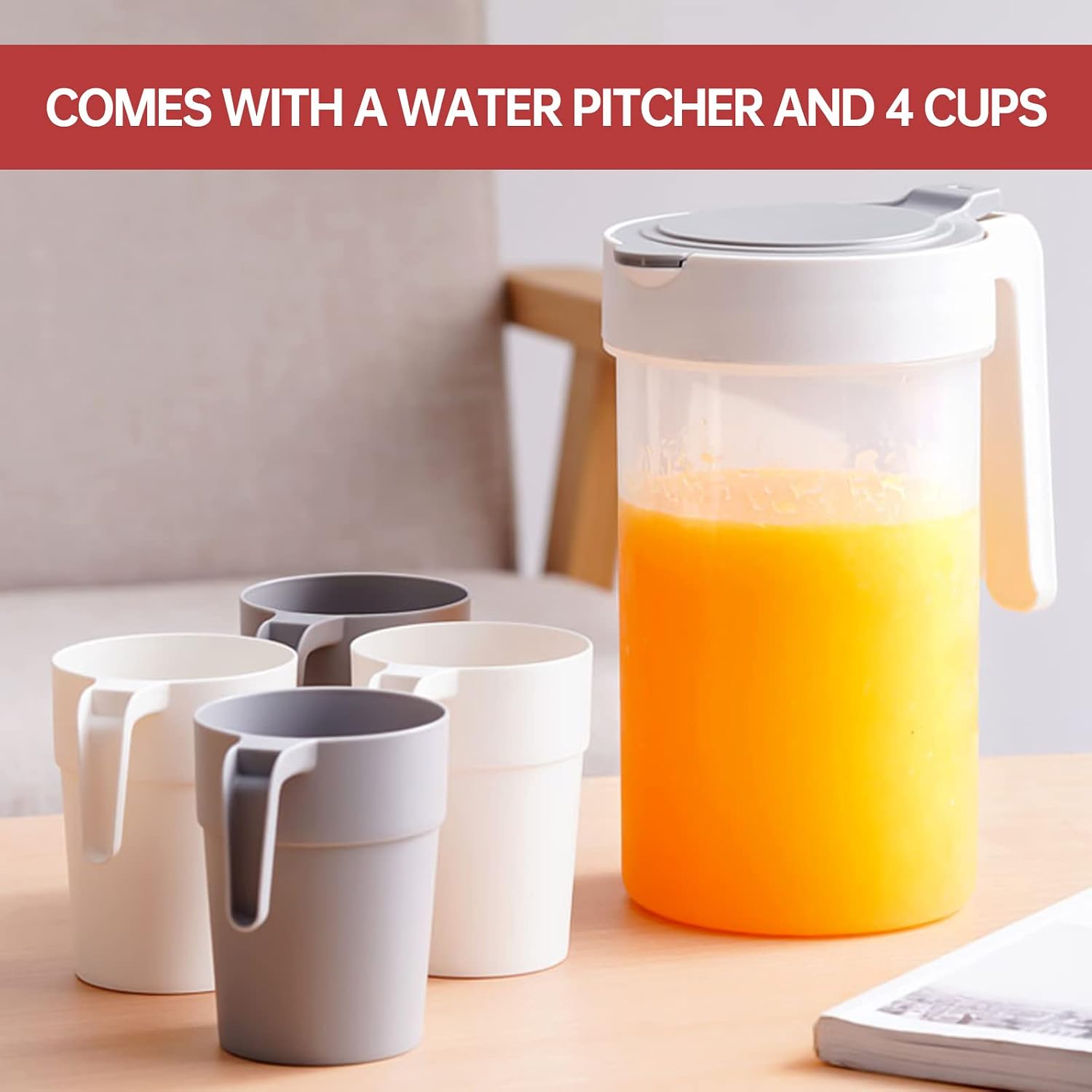 Plastic Water Pitcher Set with Lid, Iced Tea Pitcher with 4pcs Cups, 2 Quart/61 OZ Airtight Juice Pitcher Jug Pitcher for Hot/Cold Water