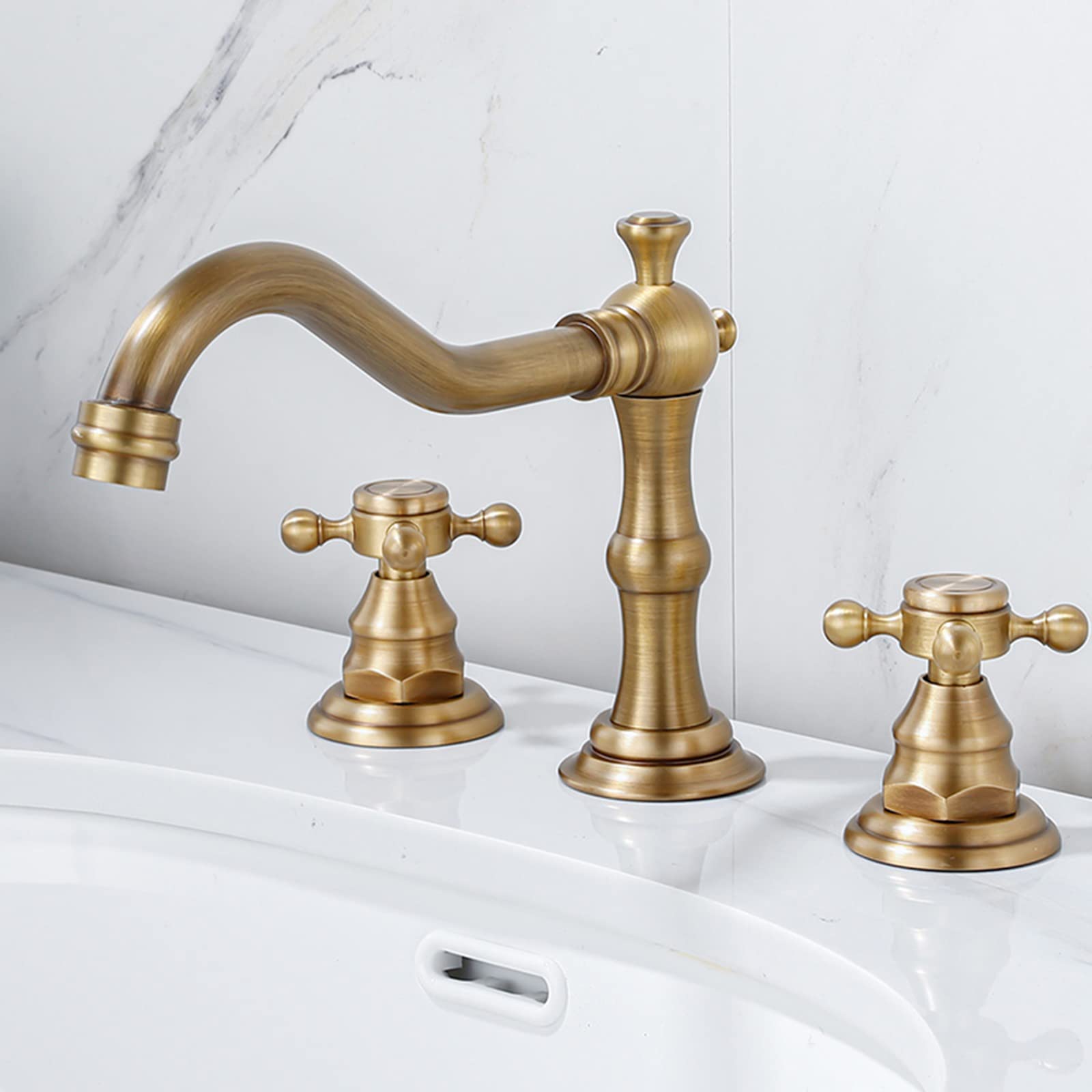 FQWNCIEG Basin Mixer Tap Bathroom Sink Taps 3 Hole Taps for Bathroom Basin, Two Handles Split Washbasin Tap Cold and Hot Water Brass-Antique Lavatory Sink Faucet