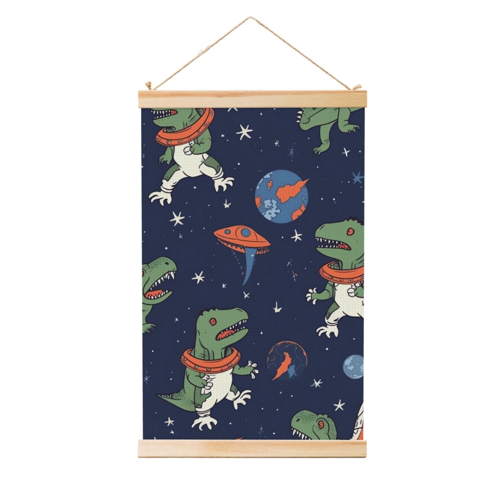 Funny Astronaut Dinosaur Rocket Poster Wooden Shaft Hanging Poster Wall Hanging Banner Canvas Artwork with Wood Frames 16"x24" Modern Artwork Decor Ready to Hang Wall Art for Home Decor Scroll