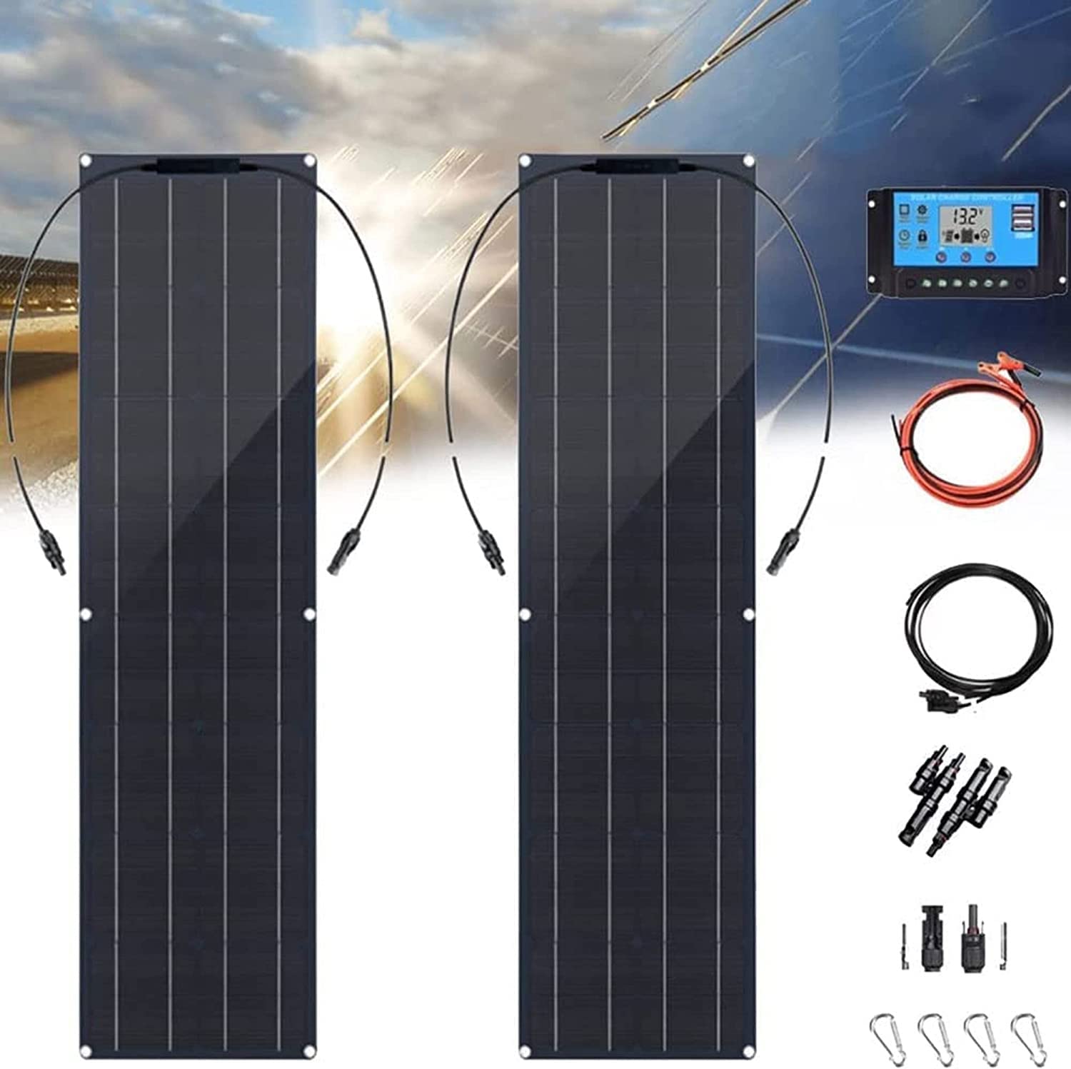 Kit De Paneles Solares De Alta Eficiencia De 2 X 200 W, Módulo Fotovoltaico De Panel Solar Portátil De 400 W, Sistema De Energía Solar For Autocaravanas, Cobertizos, Autocaravanas, Caravanas Y Barcos