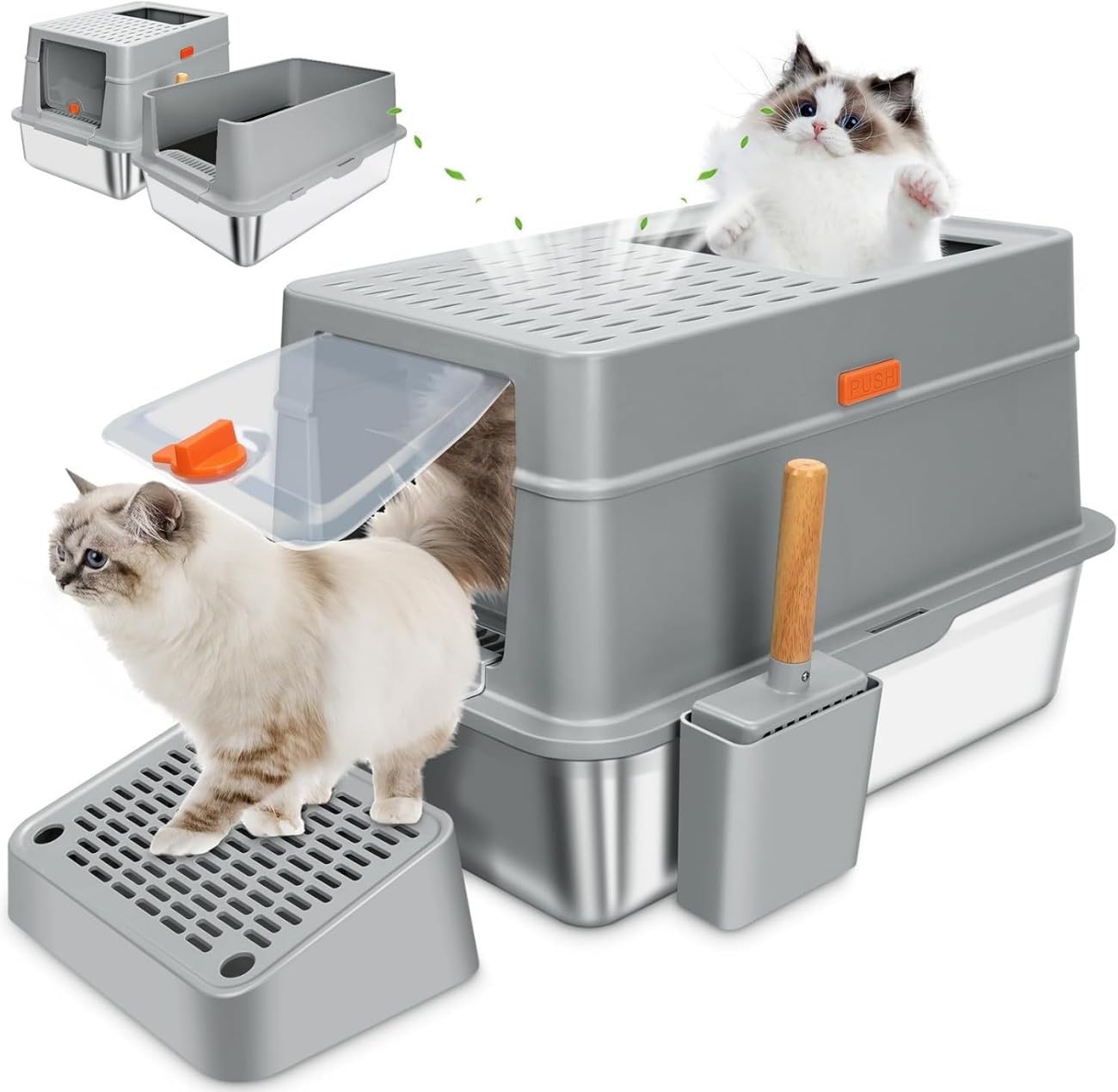 Daiblen Arenero para Gato de Acero Inoxidable, Arenero Acero Inoxidable, 28 L Arenero para Gato Grande, Caja de Arena para Gatos con Pala y Filtro