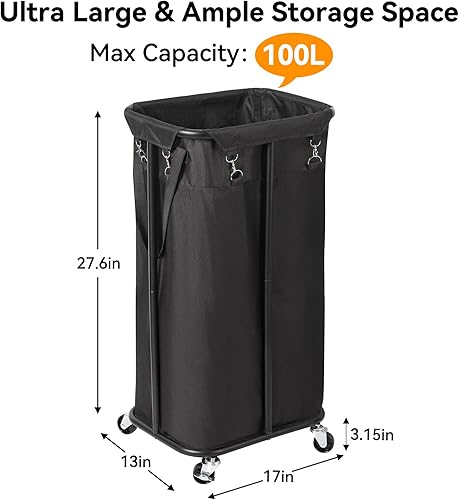 Miniatura 4 de WOWLIVE Cesta de lavandería con ruedas de 100 litros con ruedas, cesta grande para la ropa sucia, carrito organizador de lavandería con marco de