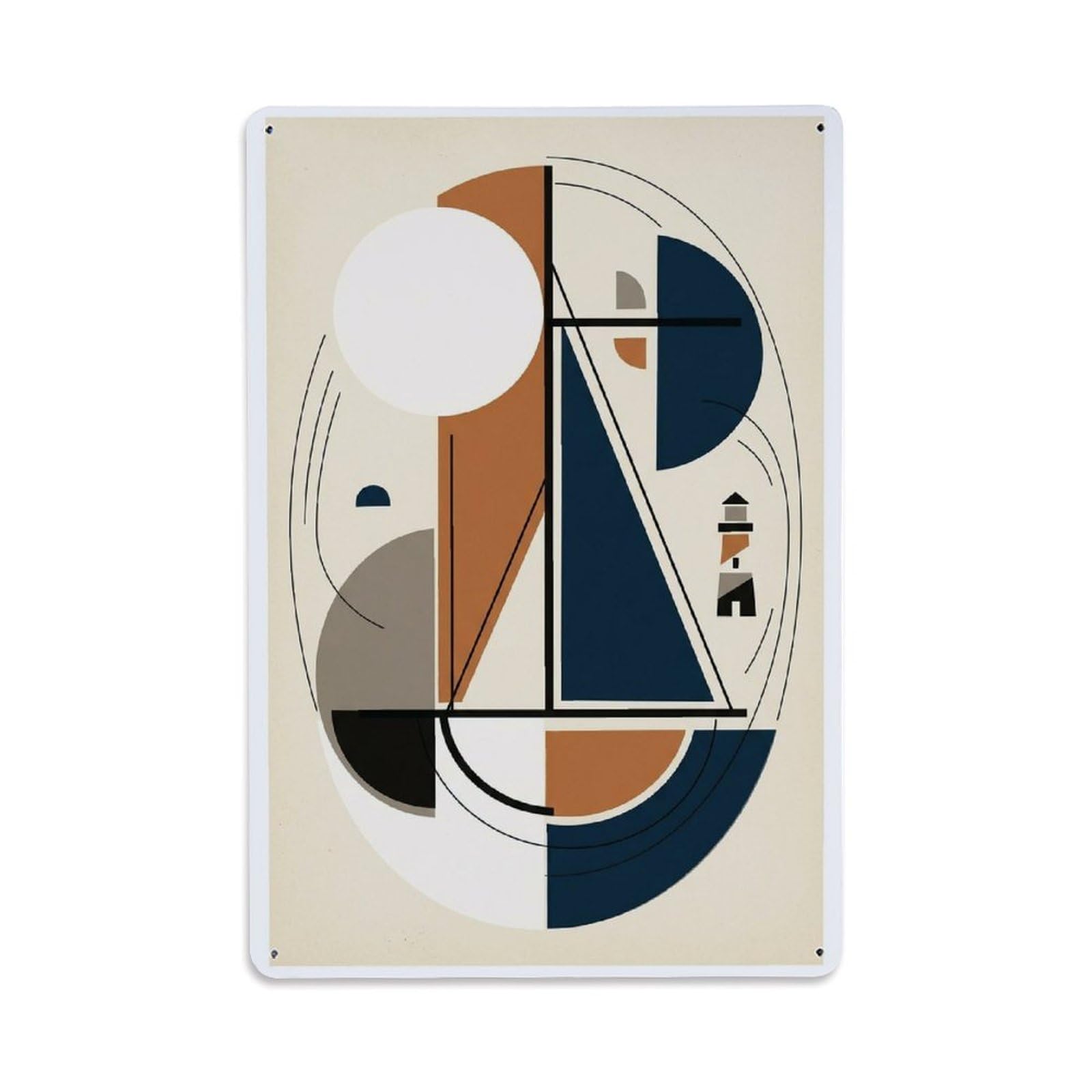 Abstract View Seaside Sailboat Retro Nautical Blocks Metal Tin Sign Plaque Wall Decor for Cafe, Man Cave, Club Bar, Office, Home Garden Round Metal Poster 8x12Inch