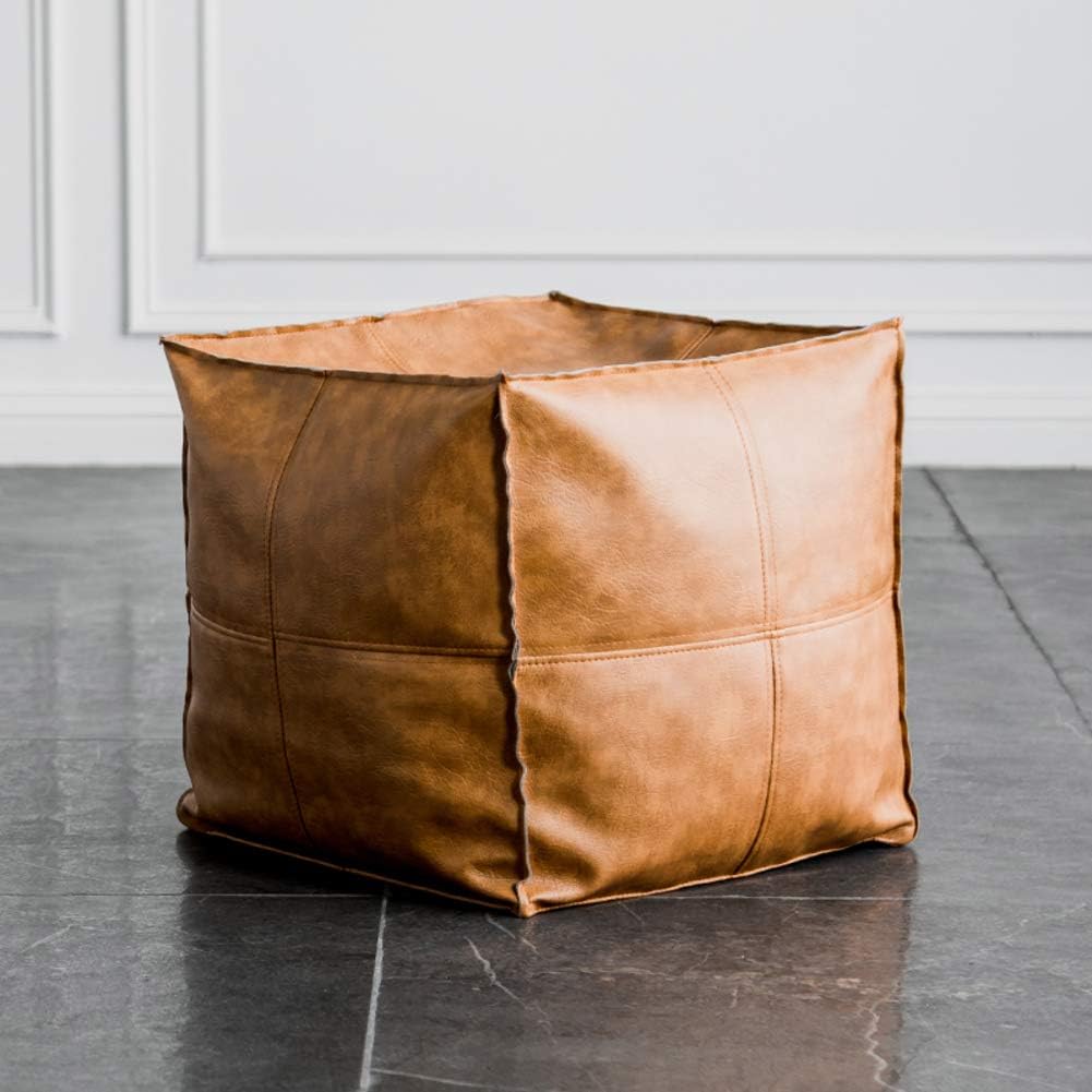Small Footstool, Removable Pouf for Living Room, Modern Solid Color Plush Footstool, Moroccan Square Leather Pouf, Handmade Bohemian Cube Ottoman, Brown 42 x 42 x 42