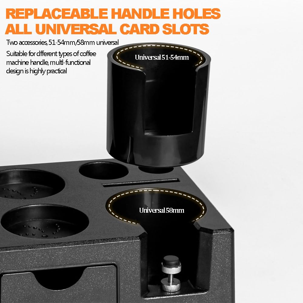Tamper Station Universal para Barista 51-58mm | Soporte de Apisonamiento de Espresso con Agitador y Cepillo para Guardar el Tamper de Espresso, Dispensador, Portafiltros