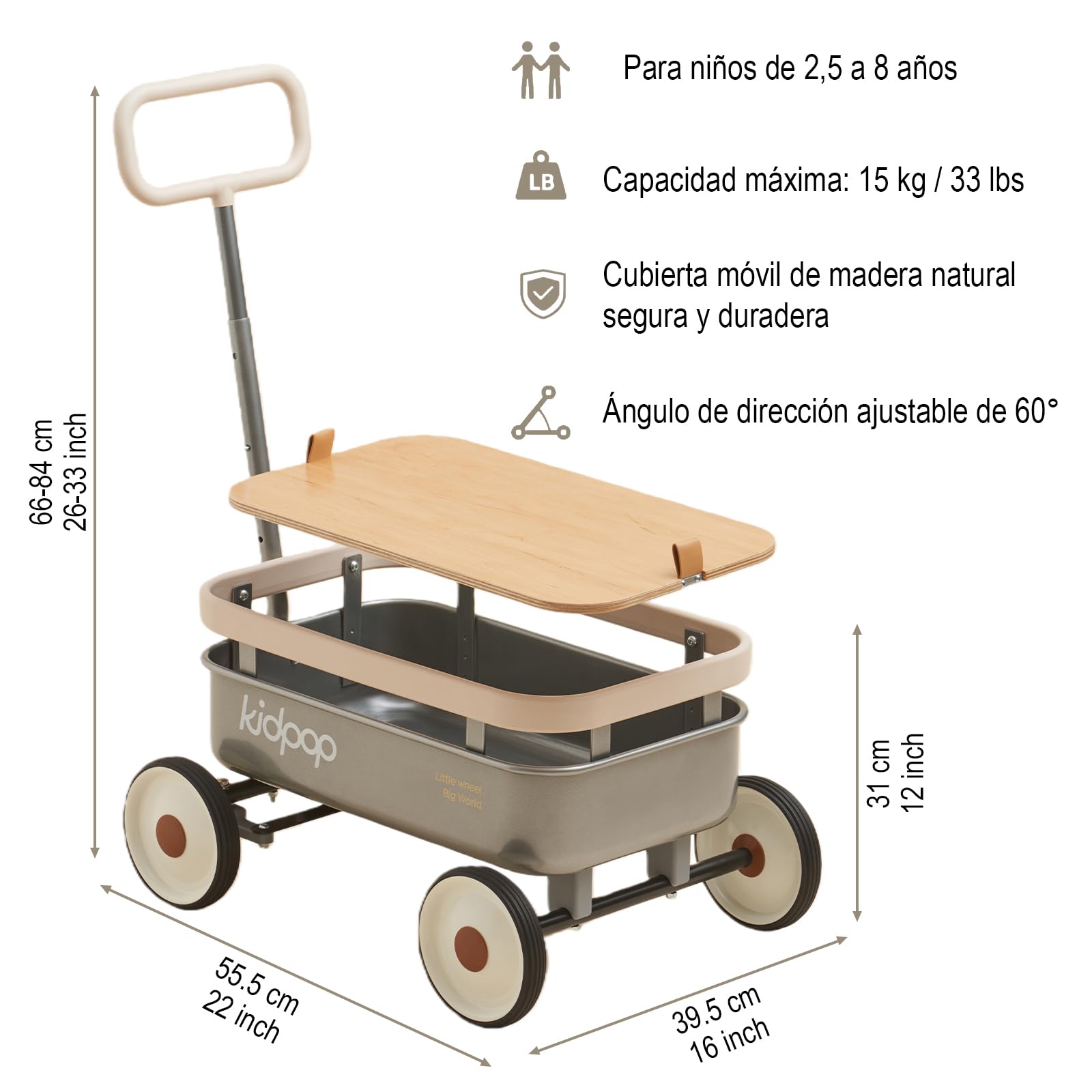 kidpop PULA-Wild - Carrito de Mano para niños 3 en 1, 2,5-8 años, Cubierta de Madera Desmontable y Manillar Ajustable, Regalos de cumpleaños Peso máximo 16 kg,Gris