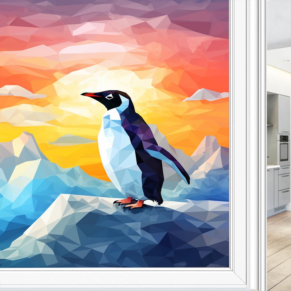Sonnenuntergang Pinguine Buntglas-Fensterfolie, moderne abstrakte Tiere, Retro, dekorative Milchglas-Sichtschutzfolie, Wärmeregulierung, statisch haftende Fensteraufkleber, 80 x 120 cm