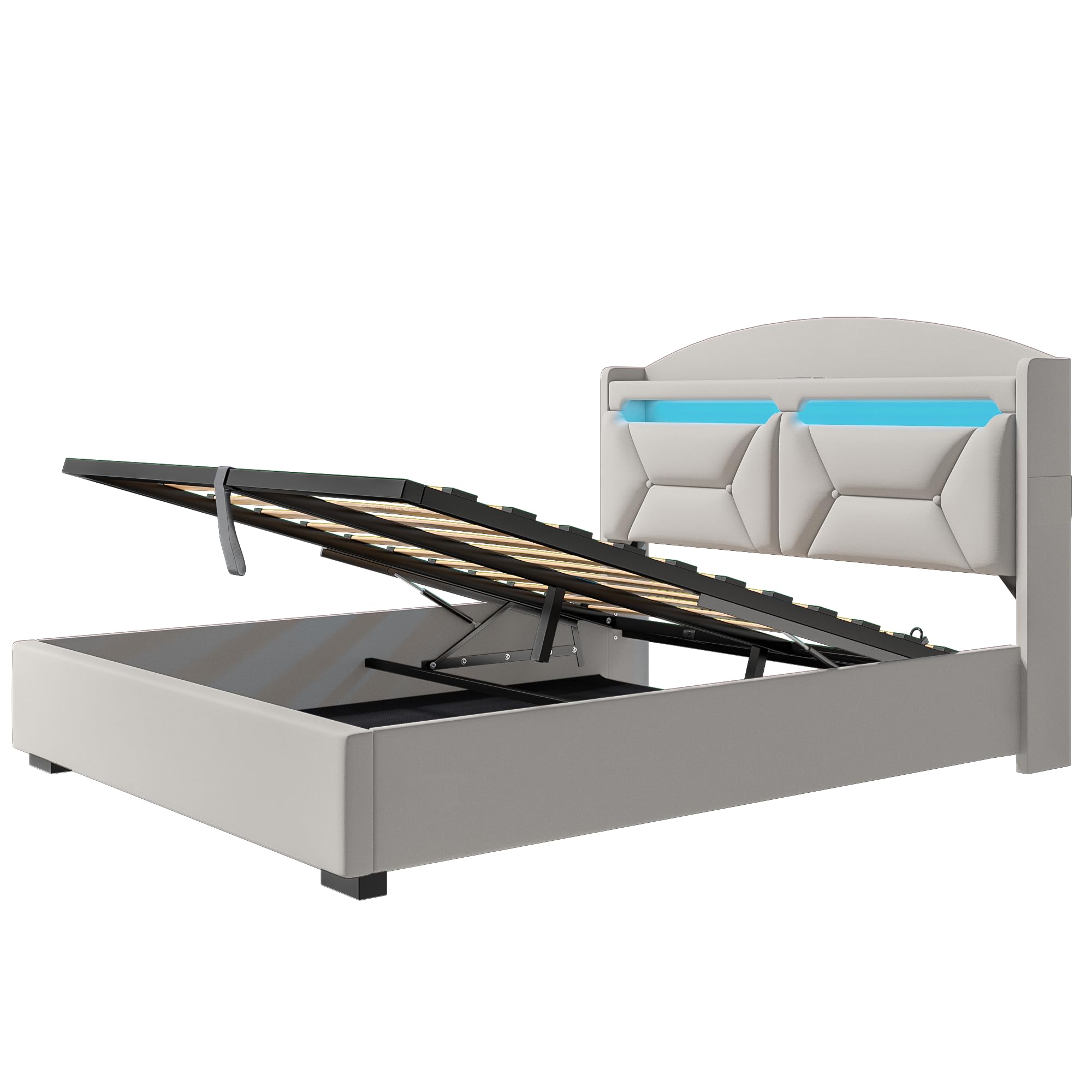 Letto Matrimoniale con Contenitore 140x200 cm, Letti Matrimoniali con LED, USB e Type-C, Letto Contenitore Idraulico, Letti Matrimoniali con Doghe, Beige Lino, Senza Materasso