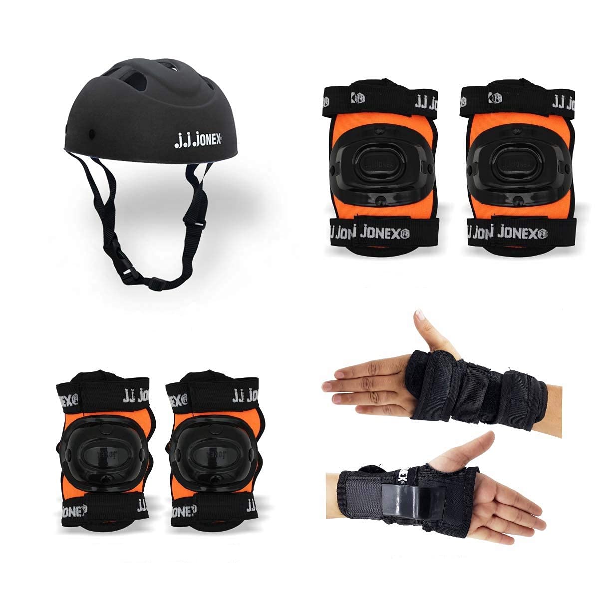 جيه جيه جونكس JJ JONEX Protective Set Skating and Cycling for Age 8 to 11 Years Skating Guard Combo (Medium, Black/Orange) (MYC)