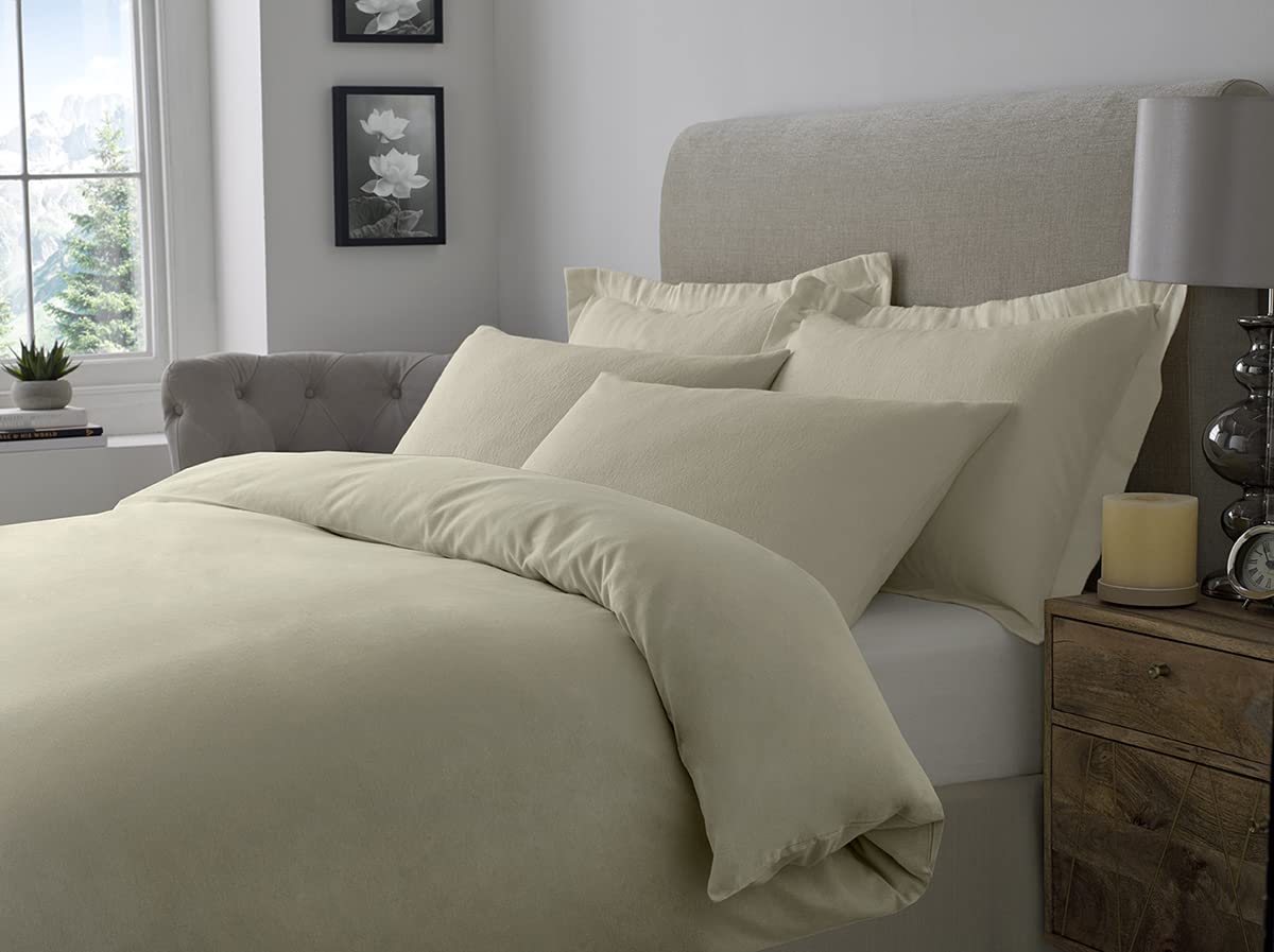 ED 100% Brushed Cotton Duvet Cover Sets | Plain Dyed Reversible Flannelette Bedding Sets With Matching Pillowcases (King, Cream)