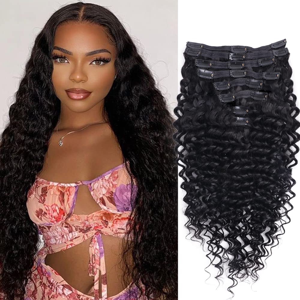 Deep Wave Clip in Hair Extensions Real Human Hair for Women 8Pcs Deep Wave Clip Ins Brazilian Remy Human Hair Thick to Ends with 18Clips Double Weft 120g(18 inch, Natural Color)