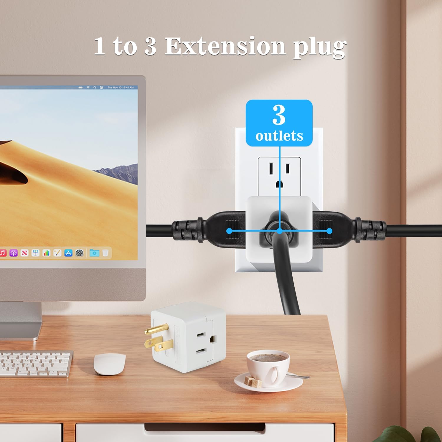 Multi Plug Wall Outlet 2-Pack,3 Prong Adapter Wall Outlet Extender, Electrical Outlet Extender, Grounded Outlet Splitter, Cube Tap 3-Way Power Plug Expander for Home and Office, White