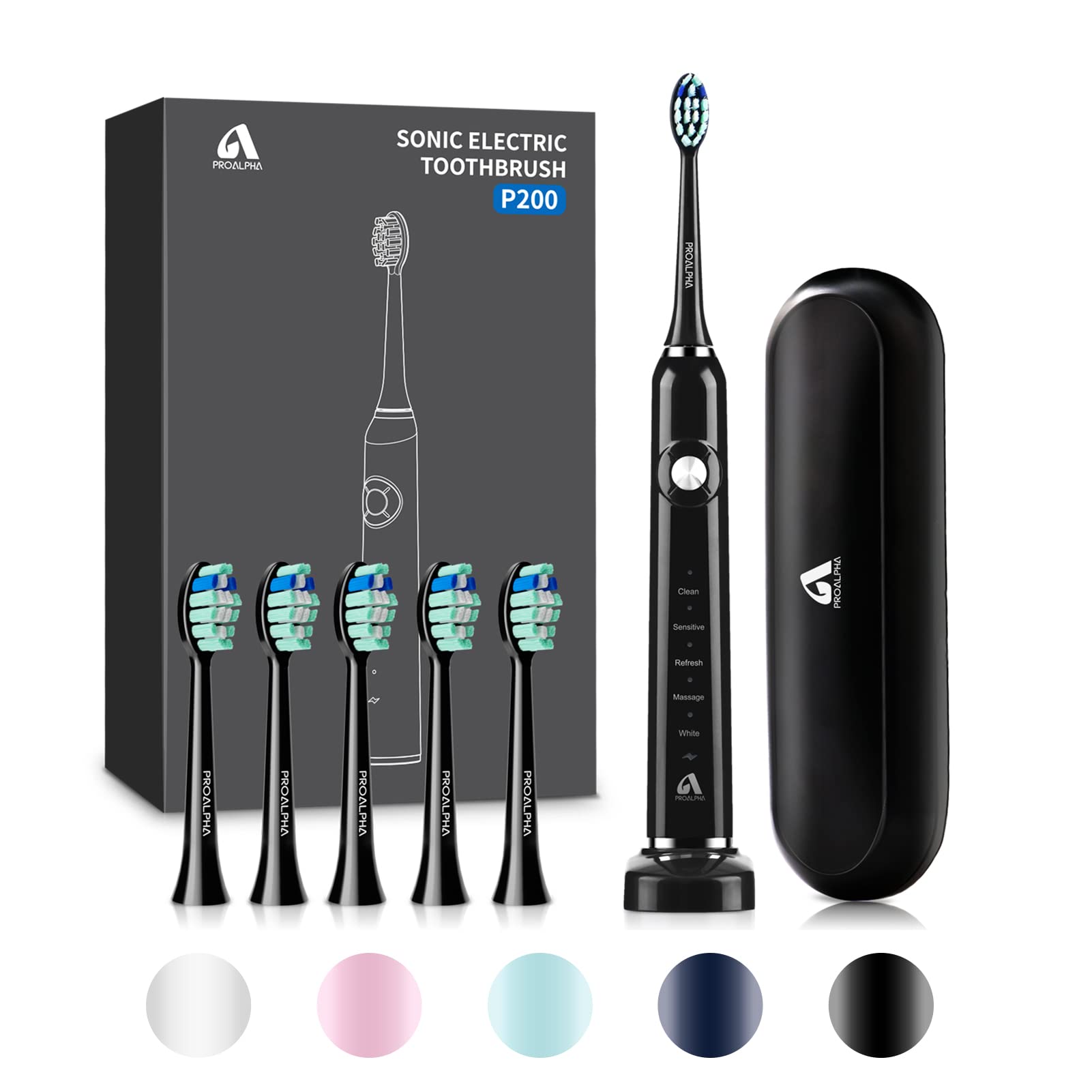proalpha Electric Toothbrush for Adults, Sonic Toothbrushes Set with 6 Brush Heads and a Travel Case, One Charge for 60 Days, Built in 2 Mins Smart Timer and 5 Brushing Modes, Black