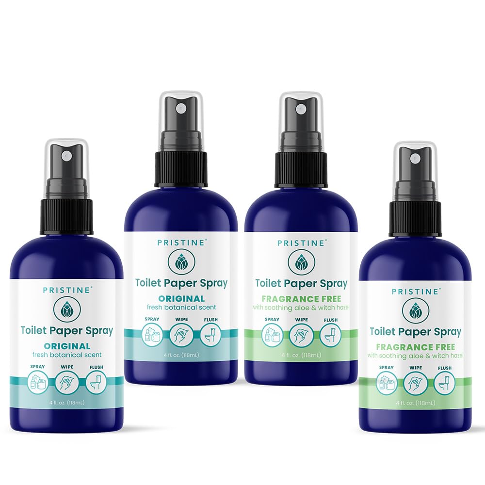 PRISTINE Toilet Paper Spray - As Seen on Shark Tank, More Natural Personal Cleansing Wipe Alternative, Spray Toilet Paper to Create Flushable Wipe, Two Original & Two Fragrance Free Bundle