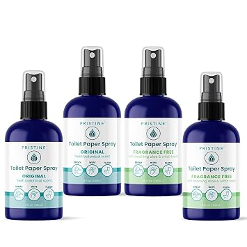 PRISTINE Toilet Paper Spray - As Seen on Shark Tank, More Natural Personal Cleansing Wipe Alternative, Spray Toilet Paper to Create Flushable Wipe, Two Original & Two Fragrance Free Bundle
