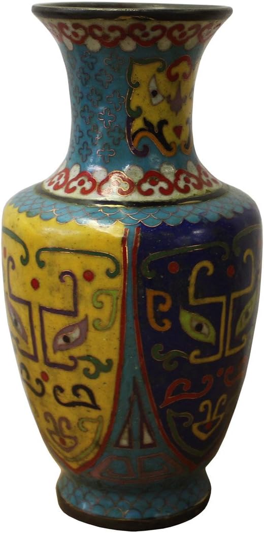 Chinese Metal Blue Yellow Enamel Cloisonne Vase Shape Figure Acs2961