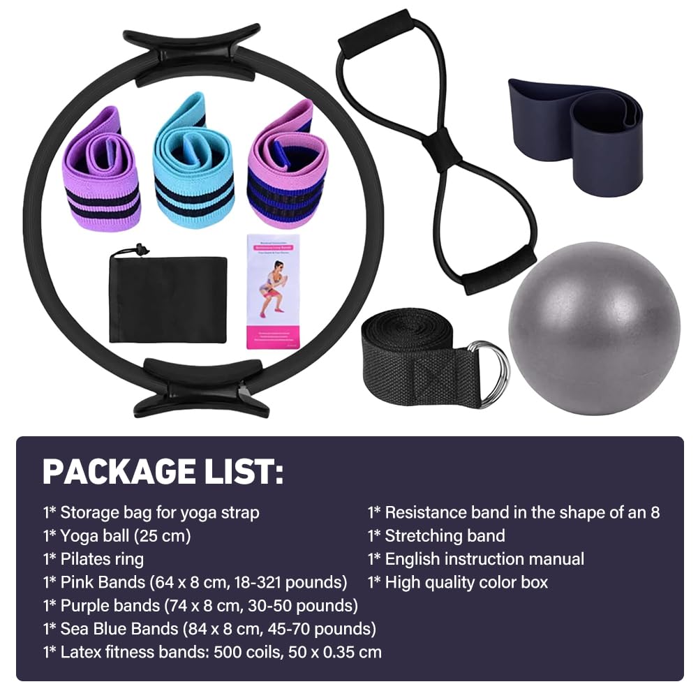 Pilates Set, 11 Teilige Pilates Zubehör, Yoga Set Mit Yoga Gurt Widerstandsring, Pilatesball, Stärken des Rumpfes Und Fitness, Für Bauch Beine Po Heimtraining Und Studio-Workout (Schwarz)