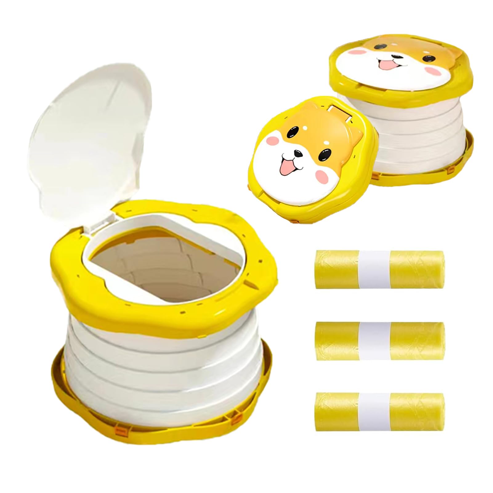 Tortable Toddler Potty，Travel Potty，Potty Training Toilet Seat for Toddlers Boys Girls，for Travel，Camping, Outdoor, Indoor，With 75 Disposable Bags，Cartoon Design,Children Will Like it More