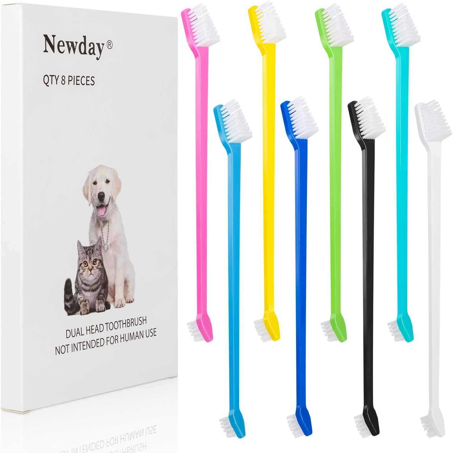 Newday Dog Toothbrush Set of 8 - Dual Headed, Dental Hygiene Convenient Soft Toothbrush to Clean pet Teeth, Dog Tooth Brushes for Small to Large Dogs, Cats, and Most Pets, Teeth Brush in Bulk