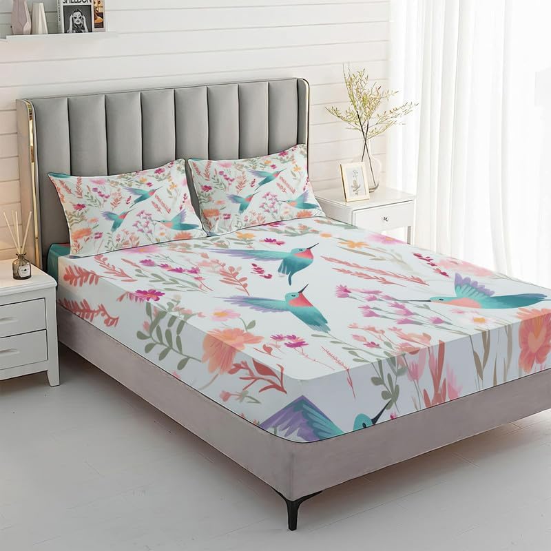 Vista 2 de Queen Sheet Set - Hummingbird Bed Sheets, Botanical Bedding Sheets & Pillowcases, Soft Microfiber & Deep Pocket & Wrinkle Free Patterned Sheet Set