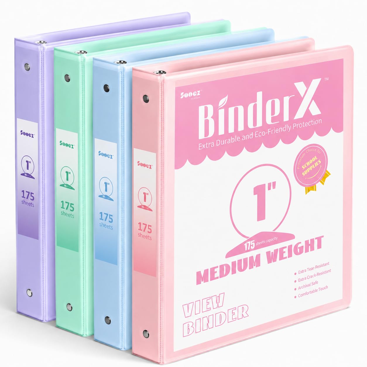 Sooez Raccoglitore a 3 anelli extra resistente da 2,5 cm, confezione da 4 raccoglitori ecologici a tre anelli da 2,5 cm con tasche, copertina trasparente personalizzabile per lettere da 21,5 x 27,9
