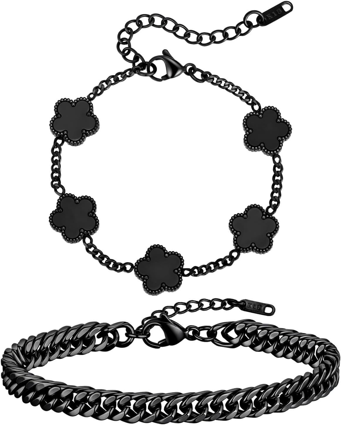 VNOX 2 PCS Floral Bracelets for Men Women -Womens Mens Stainless Steel Gold Cuban Chain Link Bracelet Lucky Charm Four Clover Flower Bracelets Trendy Jewelry Gifts