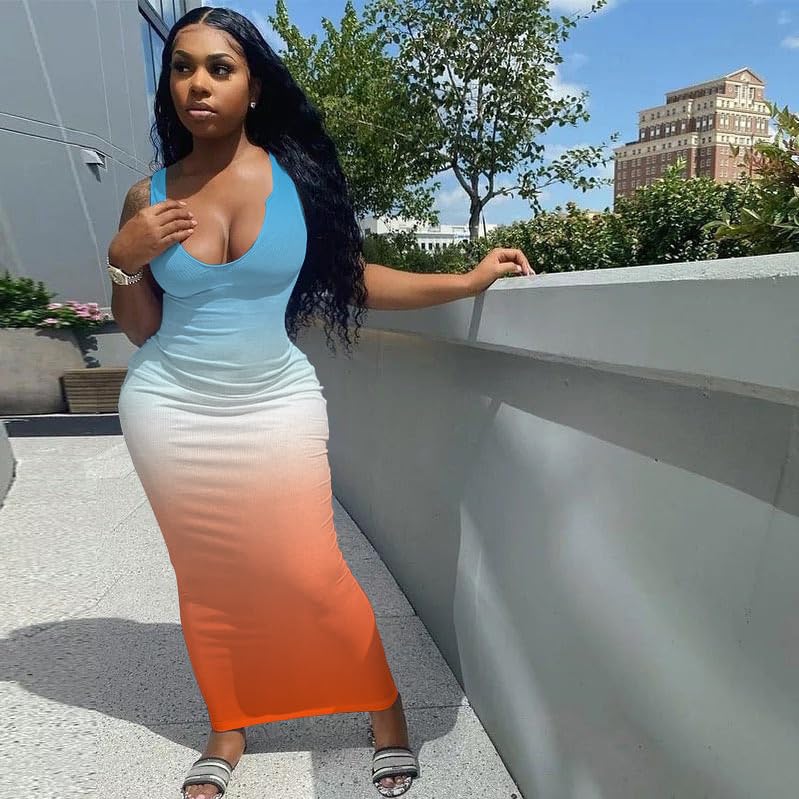 Image of Nimsruc Women Casual Sexy Deep U Neck Tank Top Bodycon Dress Summer Sleeveless Wrap Long Basic Party Club Maxi Dresses