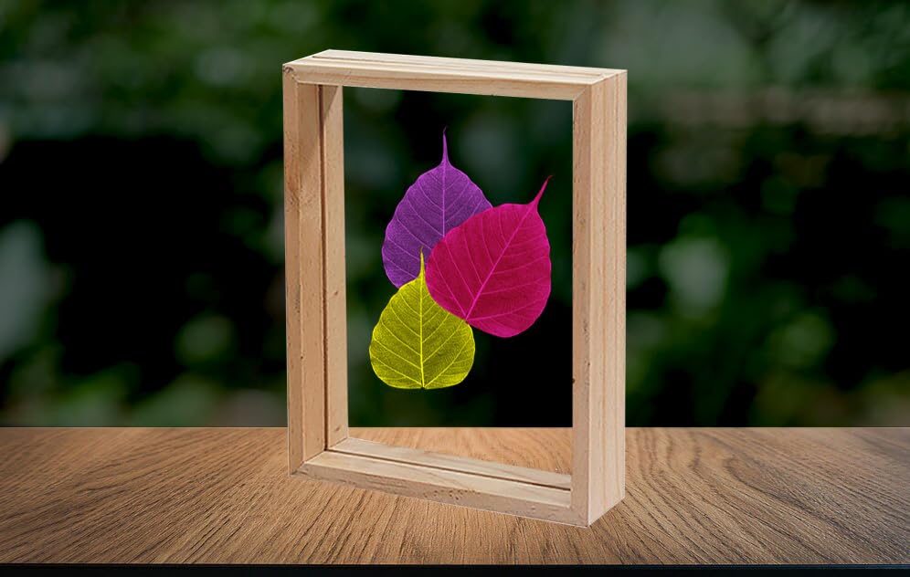 Image of Desi Rang Wooden Frame for Wall Decor Table top Hanging Any Green or dry plant Leaf Picture Photo DIY Gift Home decoration (Natural,Rec,7.7x5.5 inch,with random peepal colored leaf)