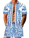 keepmore Conjunto de Verano de 2 Piezas para Hombre Camisa de Manga Corta con Botones y Estampado de Cadena Dorada y Pantalones Cortos con Cordón Conjunto Casual para Playa Vacaciones y Fiesta