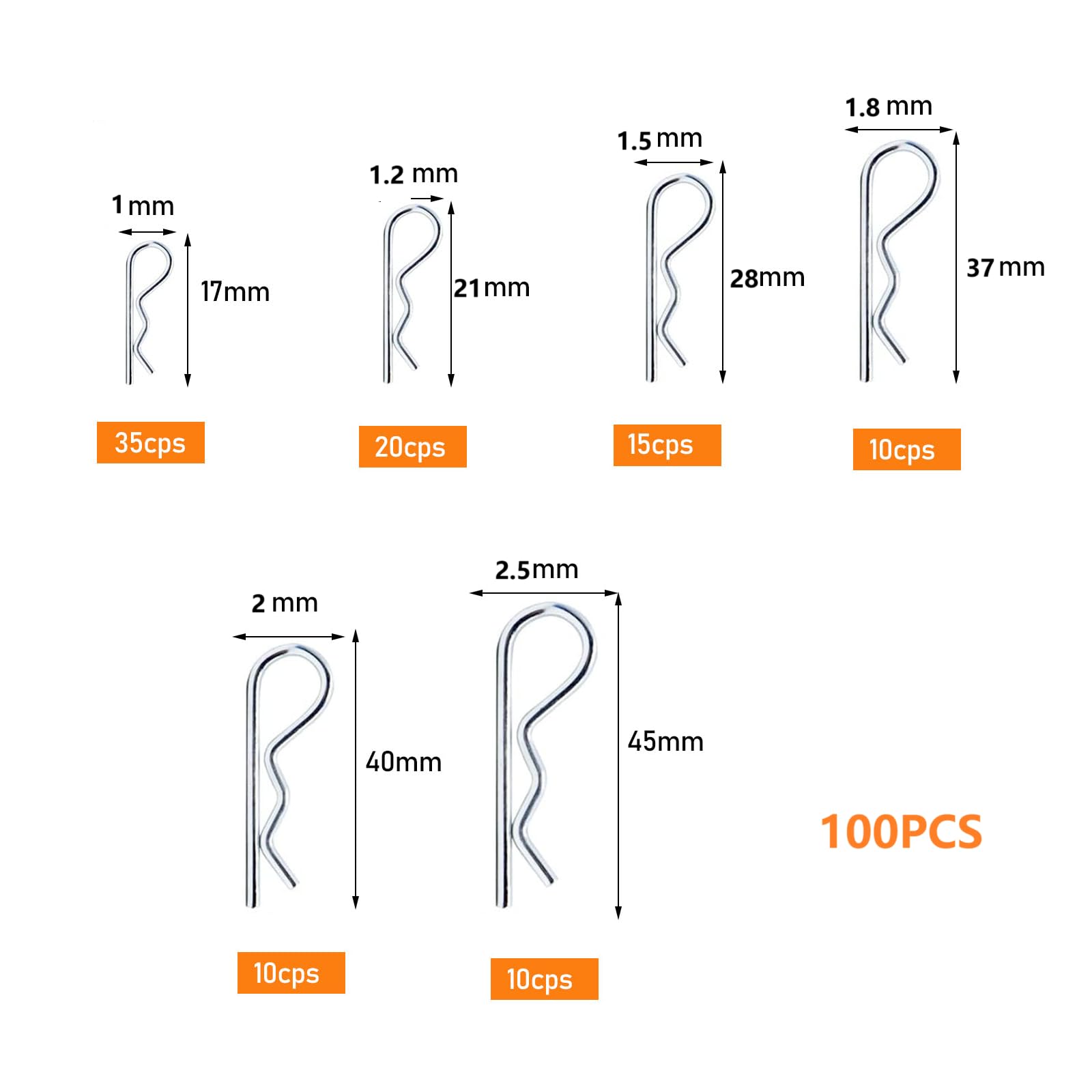 R Clip Perni di Fissaggio,R Clip Coppiglie a Molla,R Coppiglie a molla,Coppiglia R,R Coppiglie Pin,R Perno a Molla in Acciaio Inox,per Automobili,Trattori,Officine,6 misure,100 pezzi