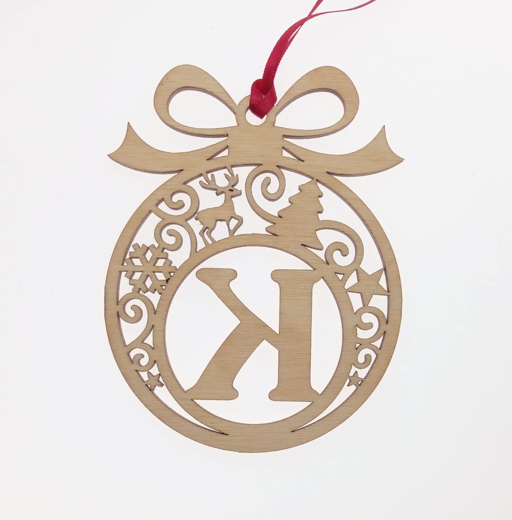 Personalised Christmas tree bauble decoration pendant ornament: Letter K, Natural Wood, Small - Image 4