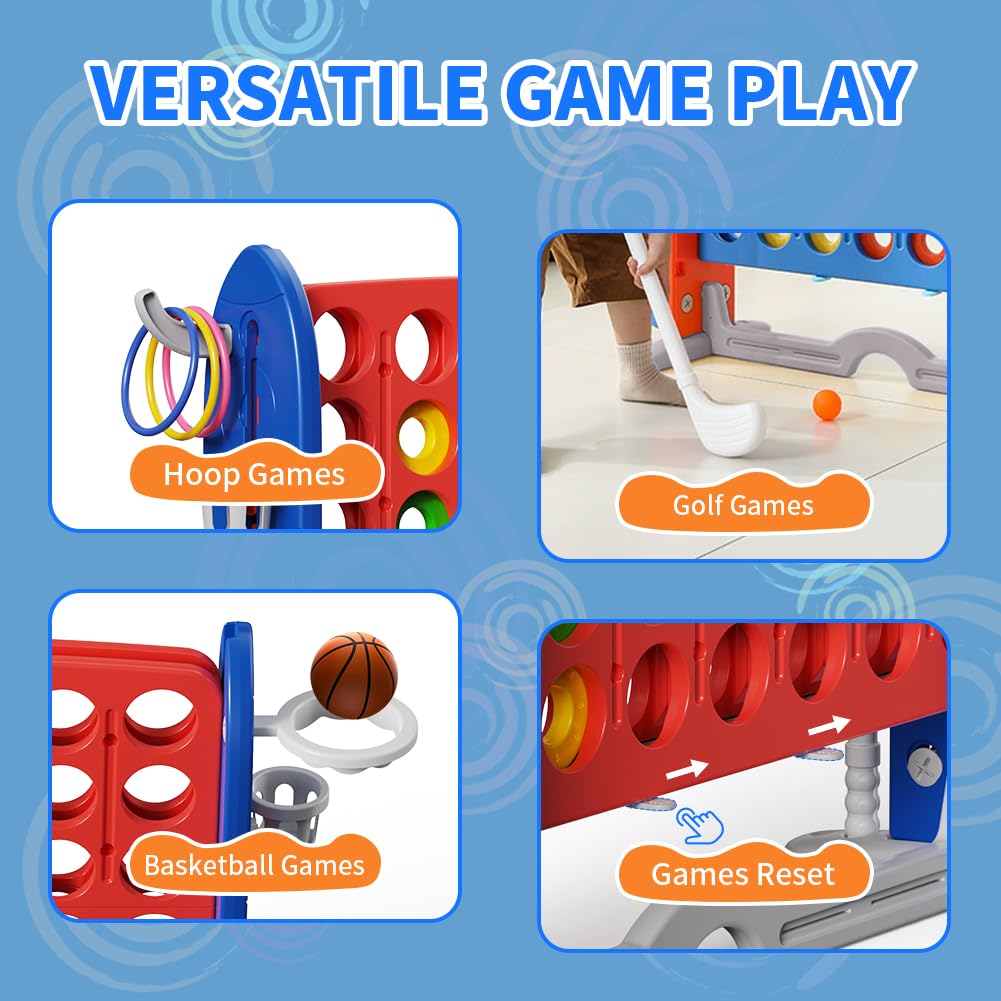 UBRAVOO Riesiges 4-Gewinnt-Spiel, 3-in-1 Jumbo-Spieleset für den Garten mit Basketball, Golf und Ringwurfspiel, höhenverstellbares Jumbo-Gartenspiel für Kinder, Erwachsene und die ganze Familie