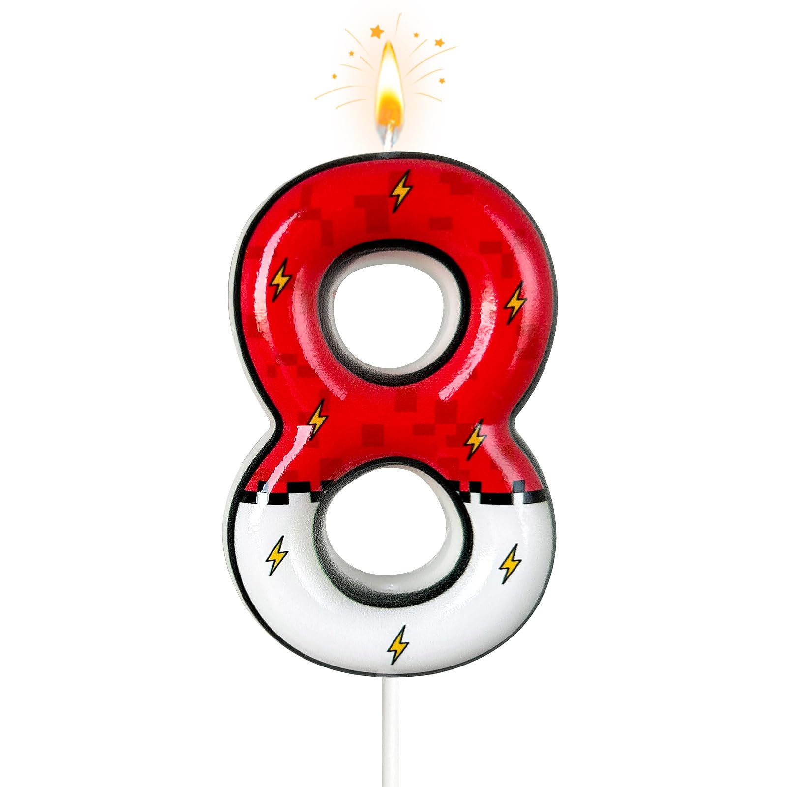 Vela digital de pastel de relámpago de dibujos animados blanco y rojo, vela de cumpleaños de dibujos animados, decoración de pasteles, decoración de cumpleaños, suministros de fiesta de