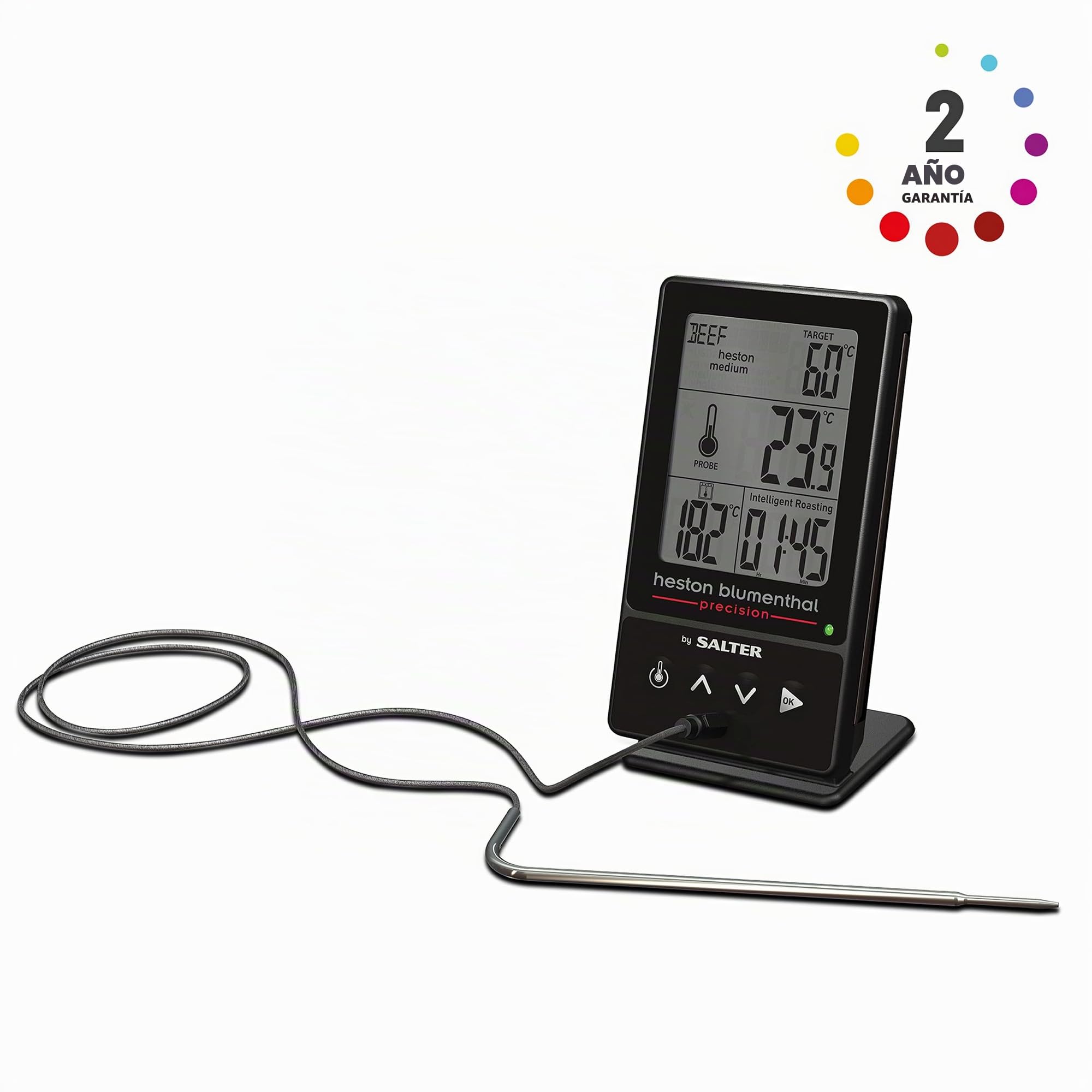 Salter 540A HBBKCR Termómetro Digital 5 En 1 Con Precisión de 0,1 °C, De La Colección Heston Blumenthal Precision, Mide Hasta 5 Veces Más Rápido, Sonda De 14.5 cm, Pinza Para Bandejas Incluida, Negro