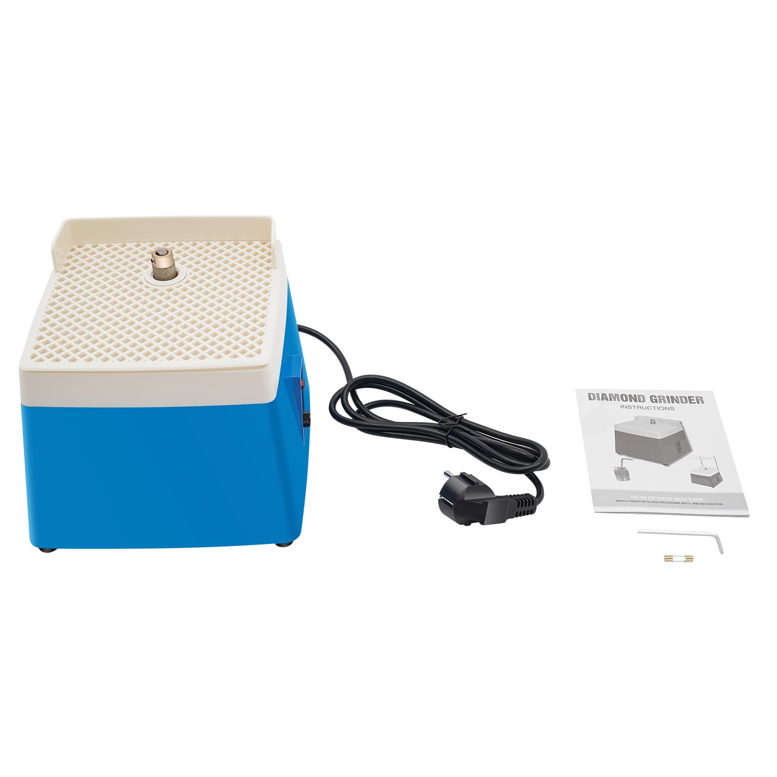 Amoladora eléctrica de vidrio de 65 W, 4200 rpm, con refrigeración por agua e interruptor de seguridad, dispositivo de mesa para lijar vidrio/cerámica/jade/piedra, enchufe UE 220 V, azul