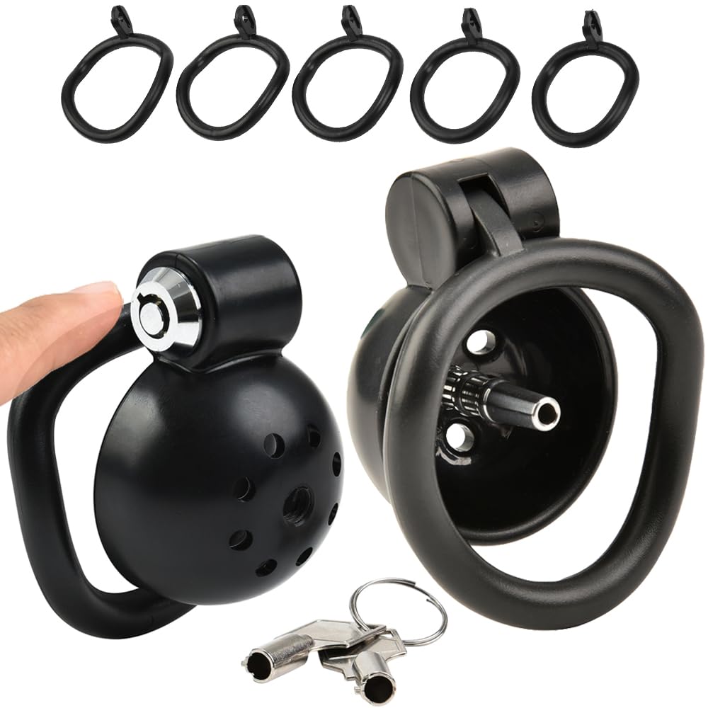Male Press-Lock Chastity Cage Small Set with 5 Rings and Metal Urethral Dilator, Flat Penis Plug Cage, Adult Extreme Lightweight Chastity Device Slave Fetish SM Bondage Sex Toys for Gay Men