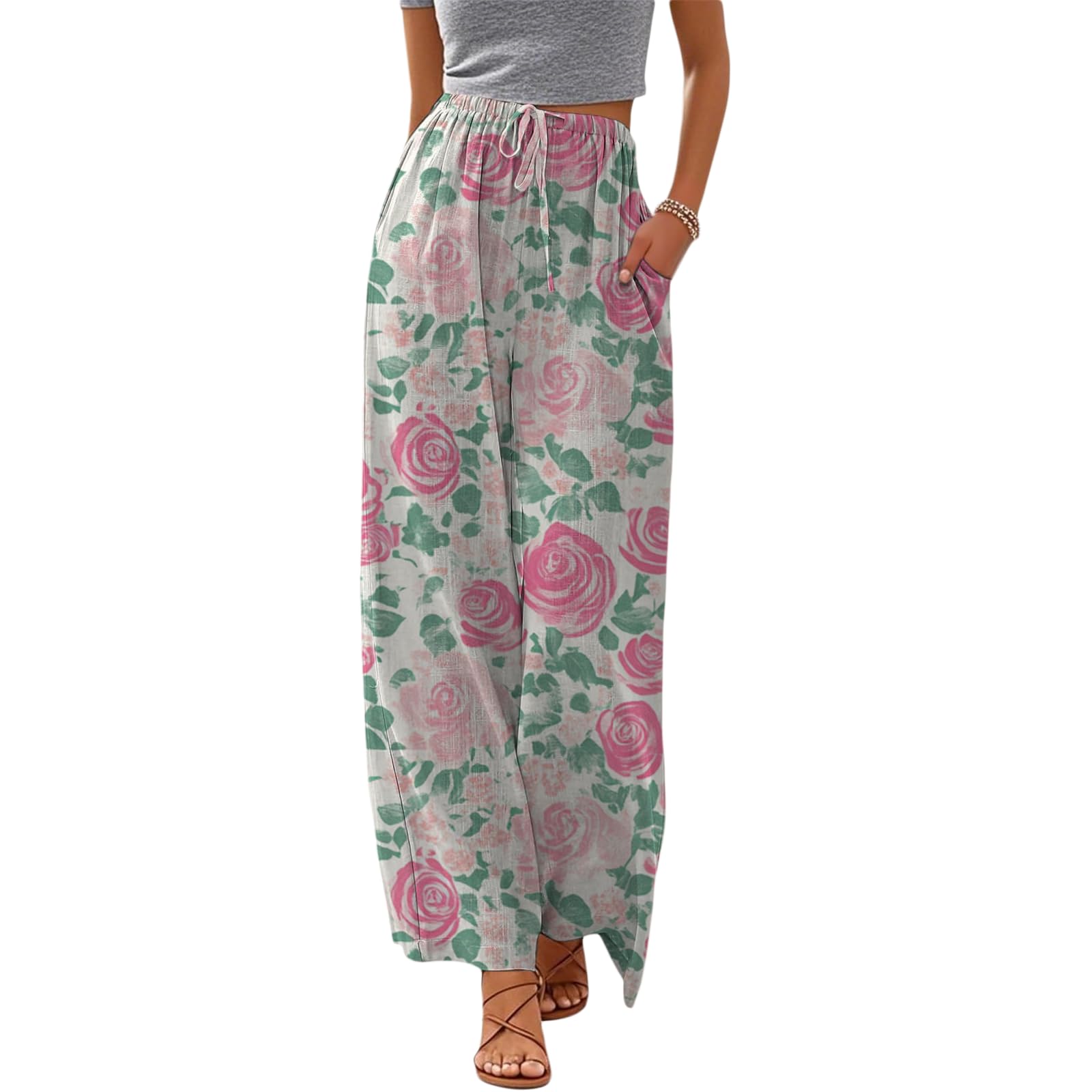 Womens Casual Wide Leg Pants for Women Boho Floral Linen Palazzo Pants Drawstring Elastic…