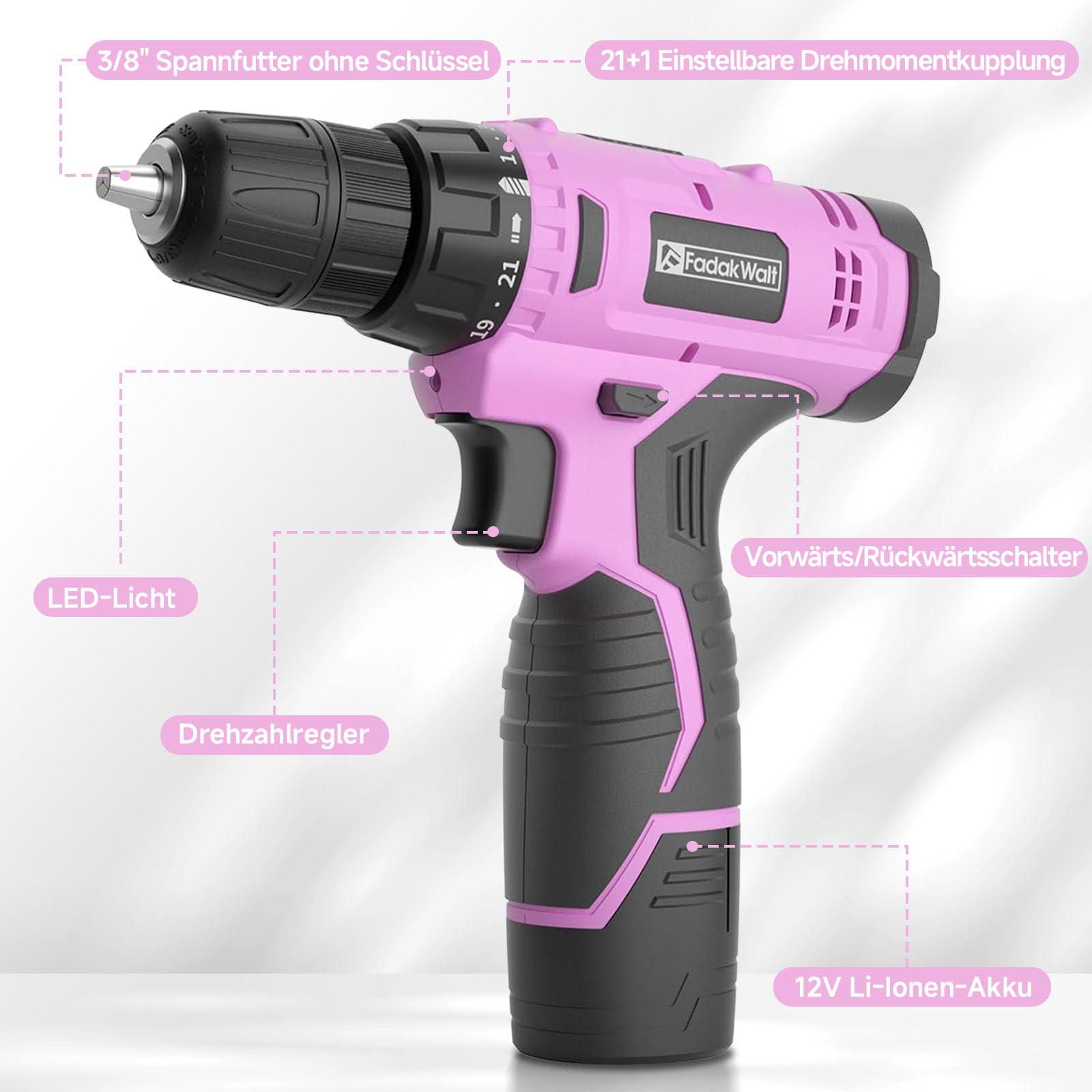 FADAKWALT Visseuse Devisseuse Sans Fil 12V, Perceuse Visseuse Sans Fil avec Batterie, 50 Pièces, 21+1 Réglages de Couple, 19 Nm, Lumières LED, Adaptée aux Travaux Domestiques, Rose