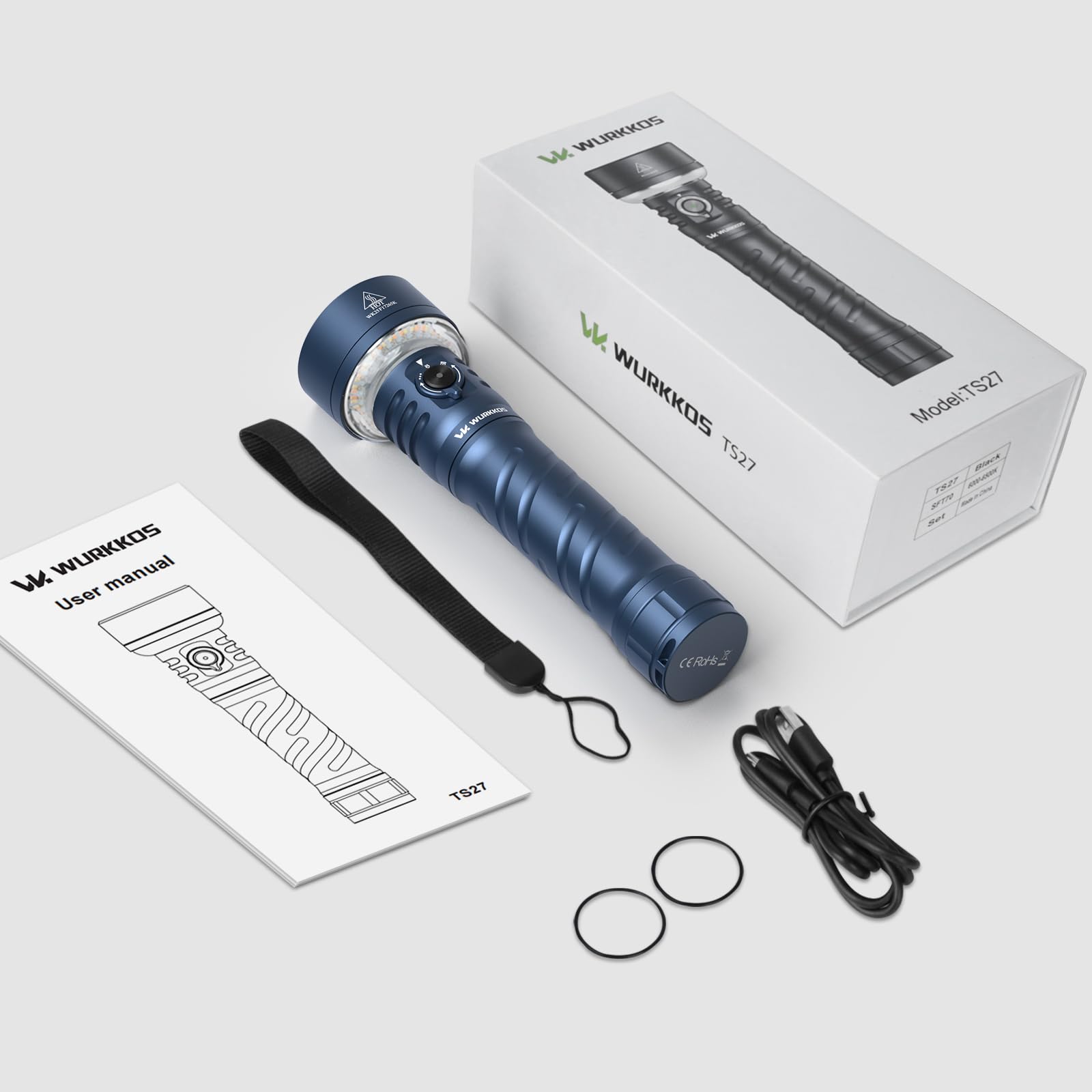 Wurkkos TS27 Lamp Torche d'Éclairage Rechargeable 3200 Lumens | Bidirectionnel Lampe de Poche LED, 845 Mètres, 3 Modes d'éclairage,IP68 pour Ménage, Camping et Urgence-Blue