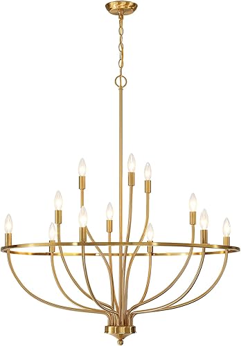 Candelabro dorado para comedor, 36 pulgadas, moderna, estilo granja, lámpara sobre mesa, lámpara de araña de latón con 12 luces para cocina, sala de