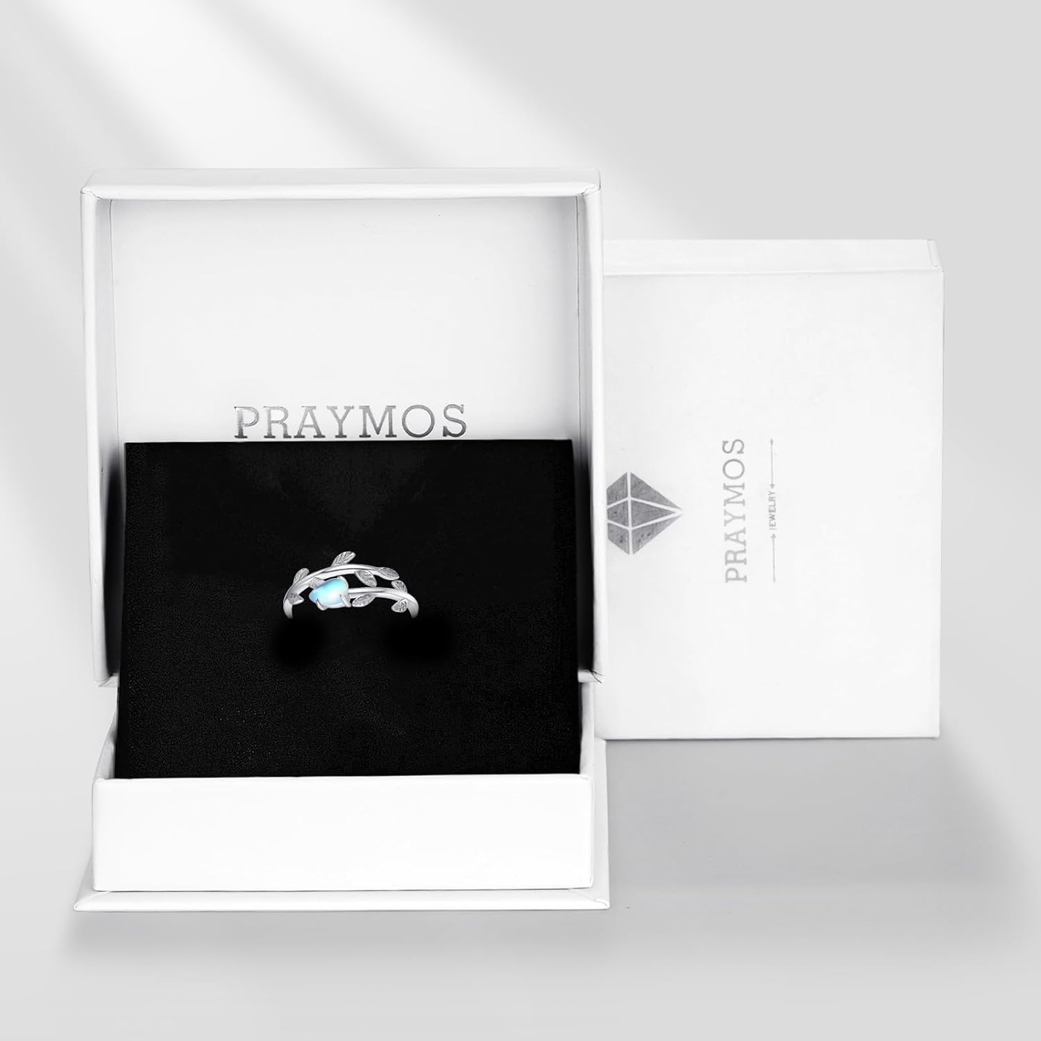 PRAYMOS 925 Sterling Silver Leaf Ring White Opal Moonstone Rings Adjustable Open Ring for Women with Jewelry Box Size 7-9